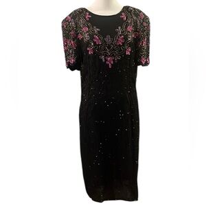 VINTAGE AP LTD. BEADED AND SEQUINED SILK COCKTAIL DRESS BLACK MULTI SIZE 12